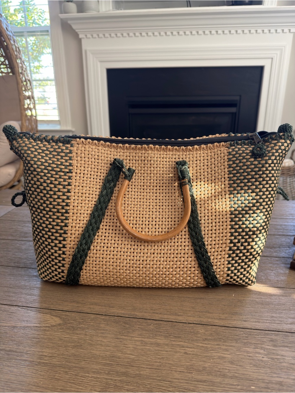 Woven Straw Tote Bag with Green Accents